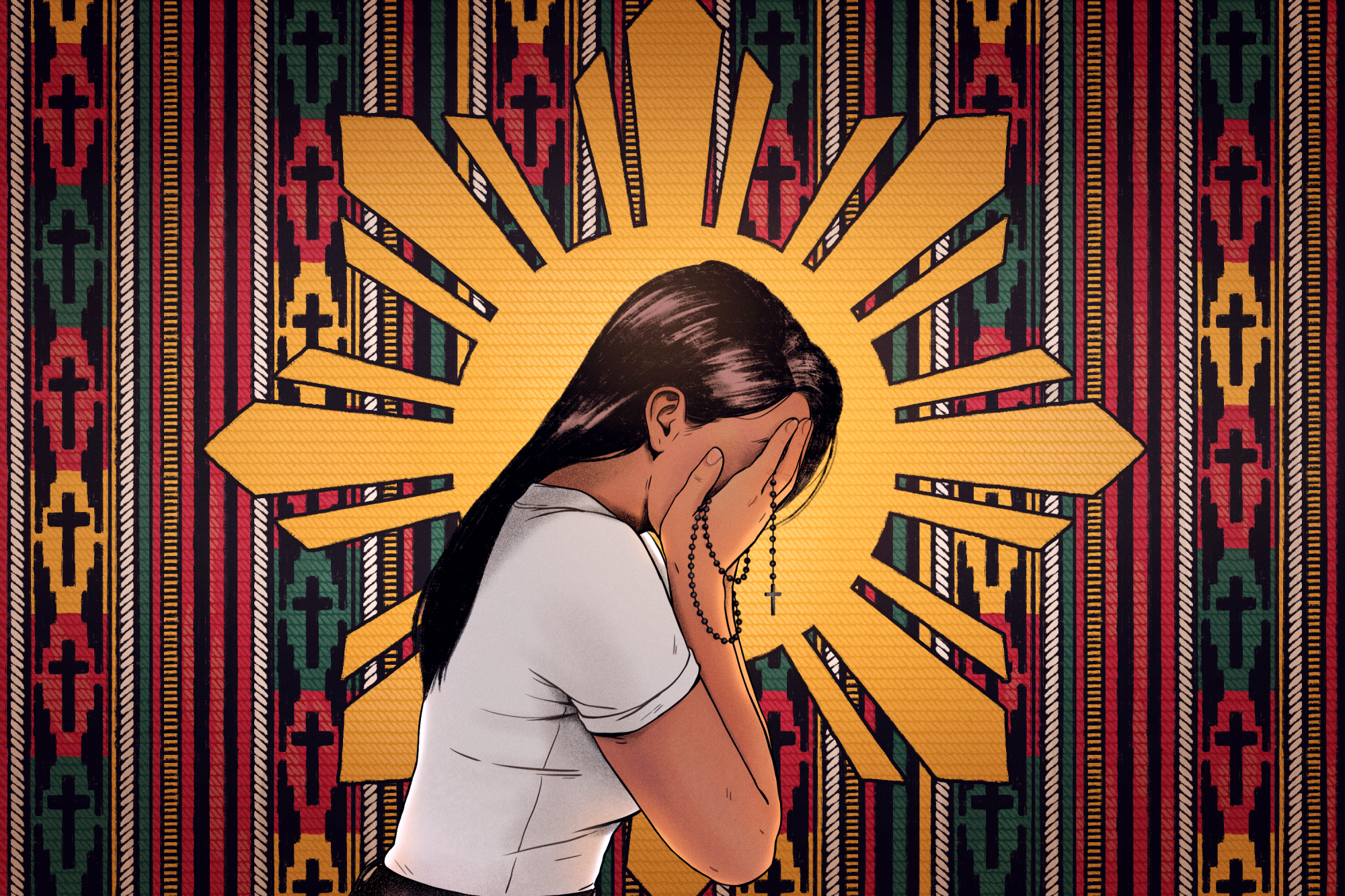illustration of a young woman covering her face with her hands and holding a rosary in front of a Filipino textile