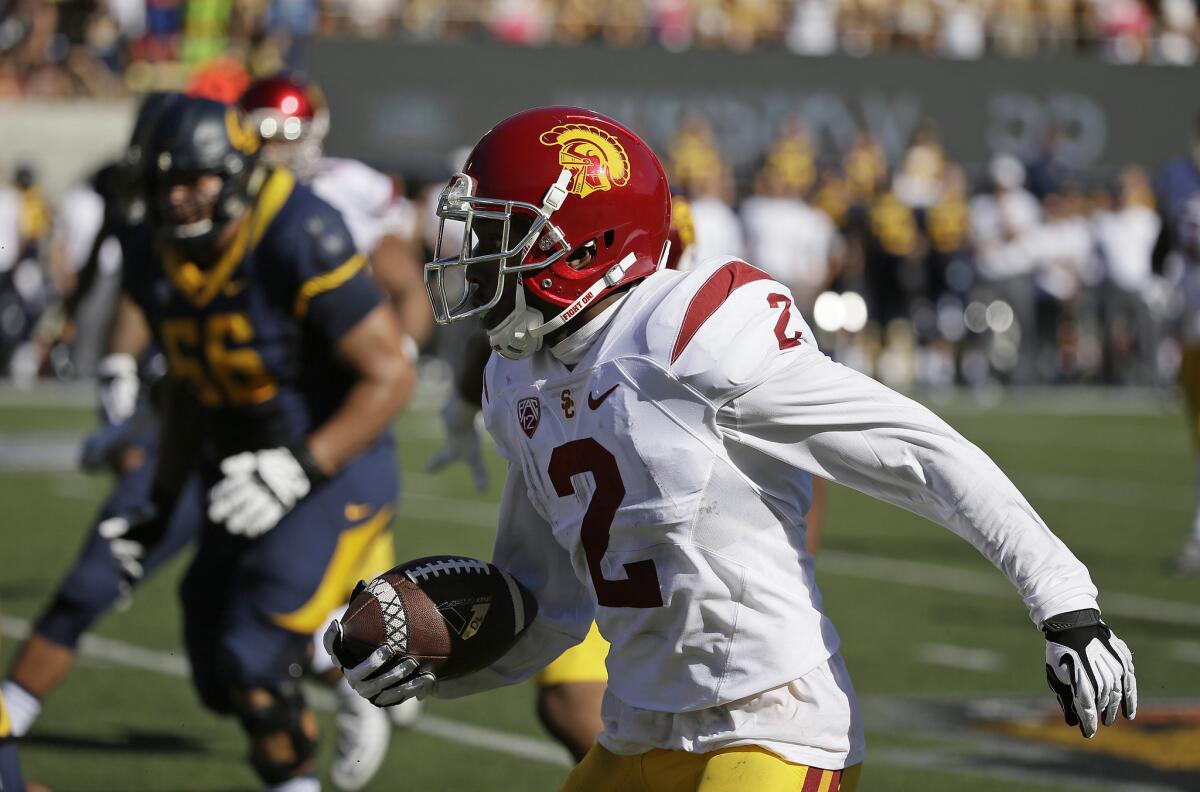 USC's Adoree' Jackson returns an interception 46 yards for a touchdown against California on Saturday.
