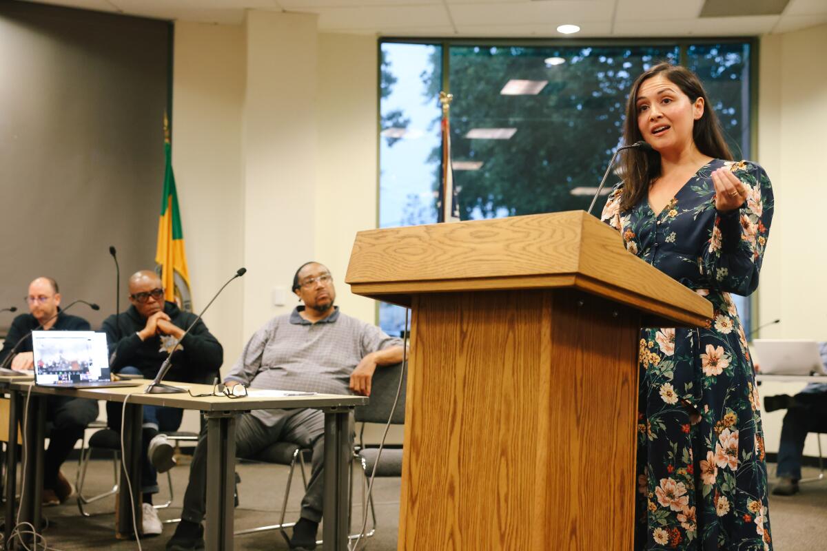 City Council District 6 candidate Marisa Alcaraz speaks during a debate in Van Nuys on June 14.