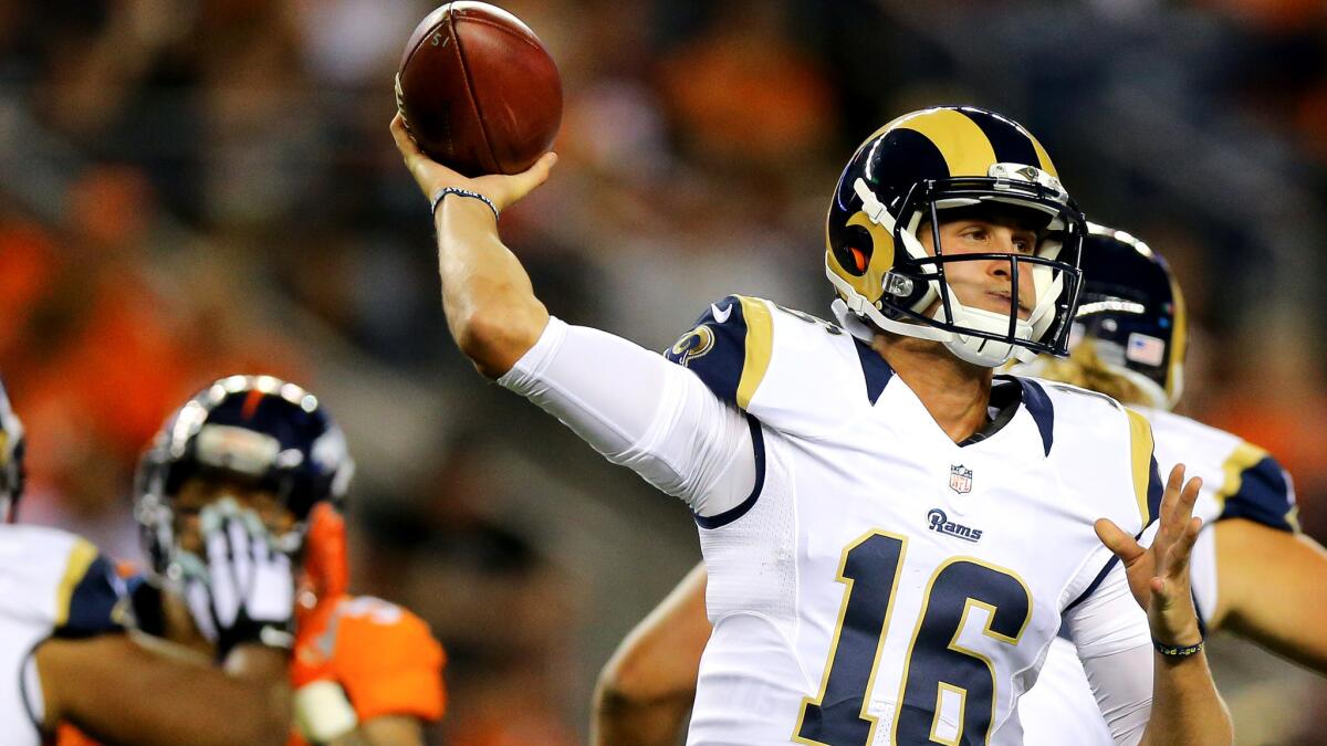 Rams quarterback Jared Goff unloads a pass against the Broncos on Saturday night.