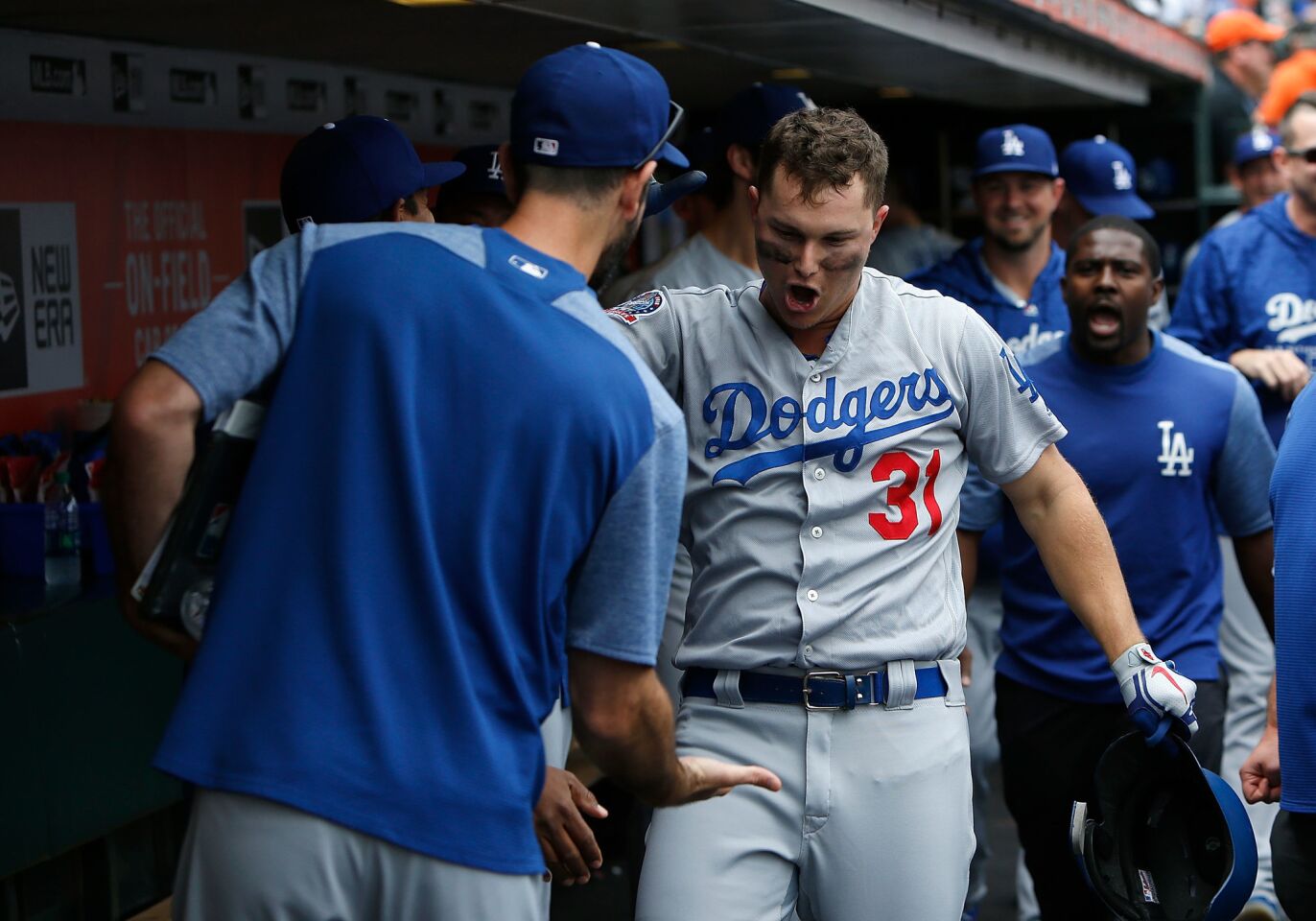 SAN FRANCISCO, CA - SEPTEMBER 29: Joc Pederson #31 of the Los Angeles Dodgers celebrates after hitting a lead-off home run in the top of the first inning against the San Francisco Giants at AT&T Park on September 29, 2018 in San Francisco, California. (Photo by Lachlan Cunningham/Getty Images) ** OUTS - ELSENT, FPG, CM - OUTS * NM, PH, VA if sourced by CT, LA or MoD **