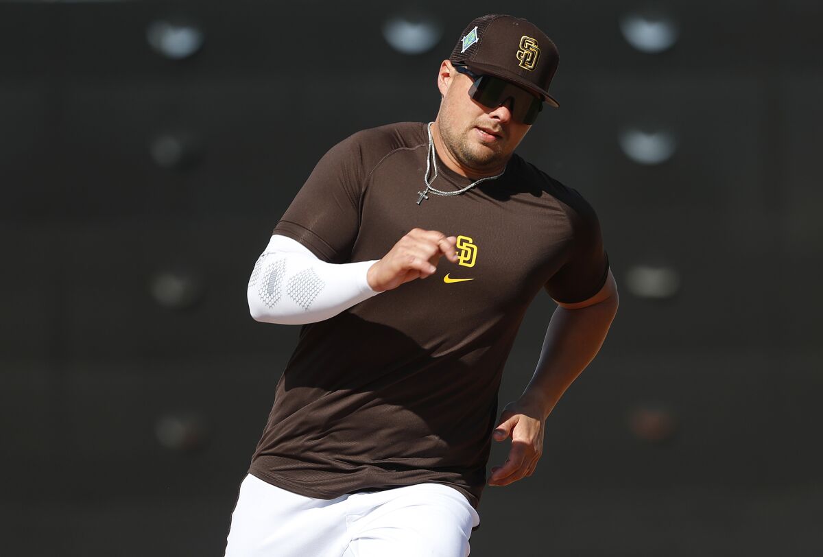 The Padres' Luke Voit runs bases during a spring training practice on Monday, March 22, 2022