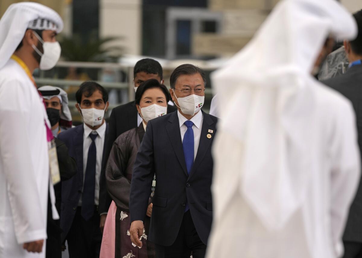South Korean President Moon Jae-in arrives to Al Wasl Dome to attend an official ceremony at Dubai Expo 2020, in Dubai, United Arab Emirates, Sunday, Jan. 16, 2022. (AP Photo/Kamran Jebreili)