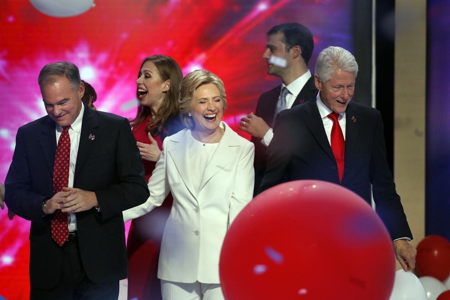 Hillary Clinton becomes the first woman to win the nomination for President for any party in America. Celebration begins after she finished her address to the delegation on the final night of the Democratic National Convention in Philadelphia.