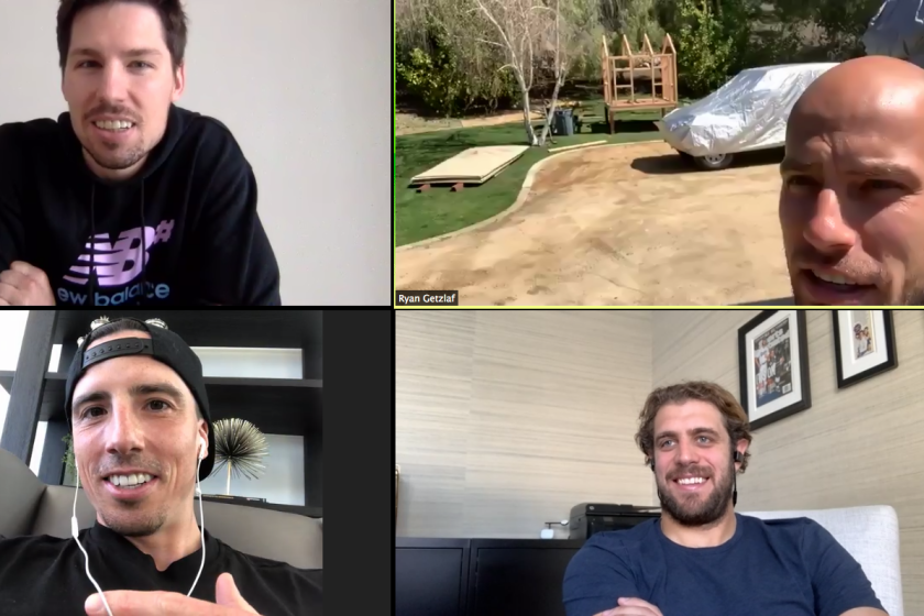 NHL players (clockwise from top left) Logan Couture, Ryan Getzlaf, Anze Kopitar and Marc-Andre Fleury speak to one another on video chat during the coronavirus outbreak.