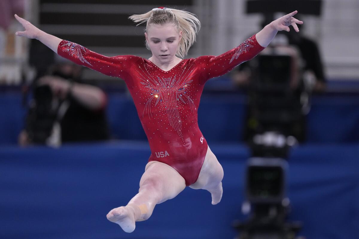 U.S. gymnast Jade Carey competes on the balance beam during qualifications on Sunday.