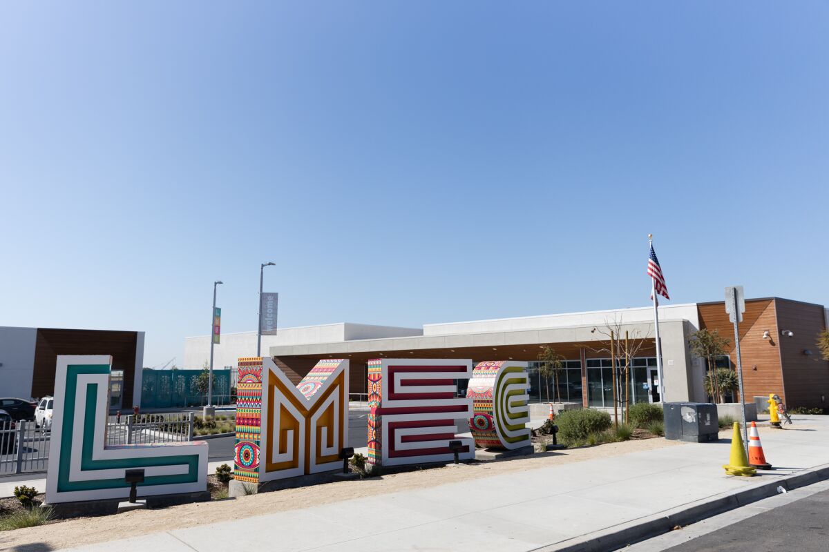 The front of Logan Memorial Educational Campus at Logan Heights in San Diego on Tuesday, March 15, 2022.