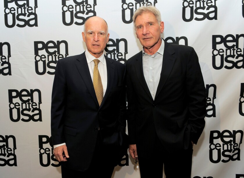 California Gov. Jerry Brown, left, and actor Harrison Ford honored Joan Didion at the PEN Awards -- but Didion was not able to attend.