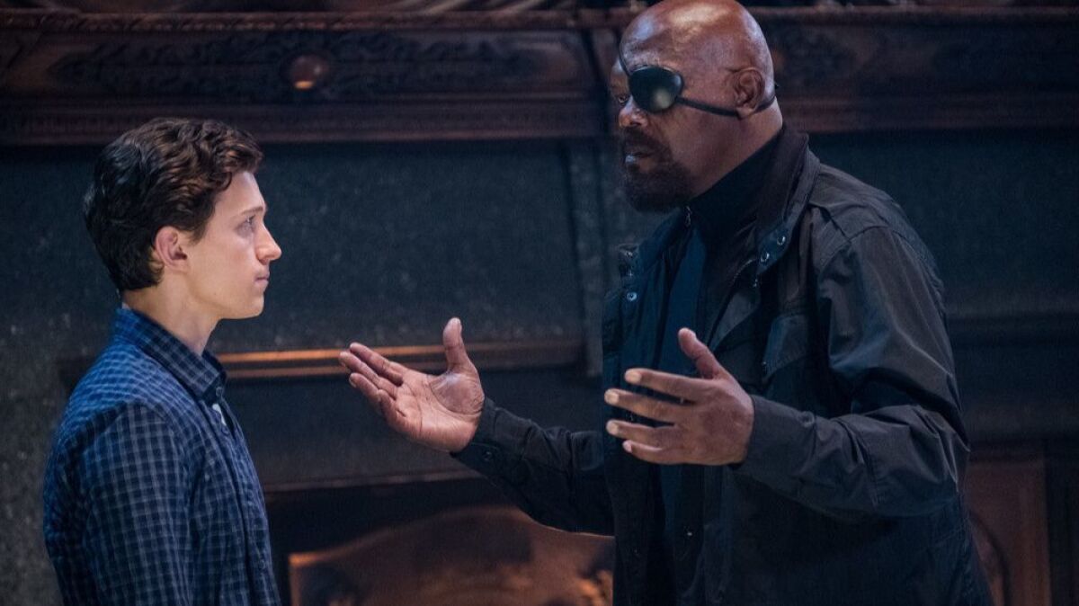 Peter Parker (Tom Holland) and Nick Fury (Samuel L. Jackson) don't quite see eye to eye in Columbia Pictures' "Spider-Man: Far From Home."