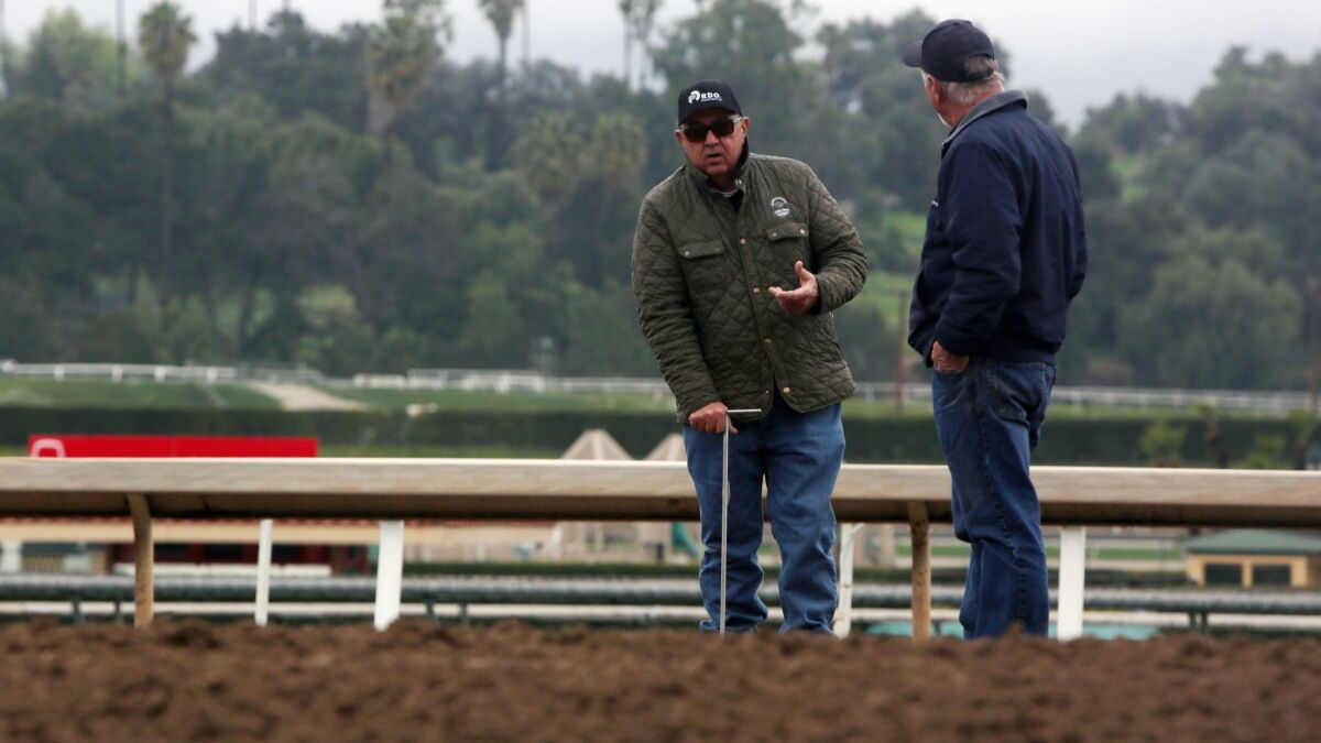 People analyze the mud at the Santa Anita on March 7, 2019.