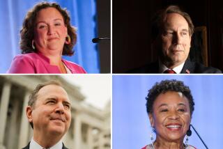 From clockwise top left, Rep. Katie Porter., Eric Early, an attorney, Rep. Barbara Lee, and Rep. Adam B. Schiff.