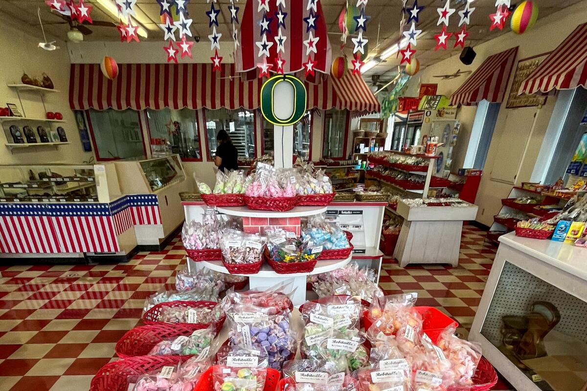 Baskets of wrapped candy for sale at Robitaille's Fine Candies.