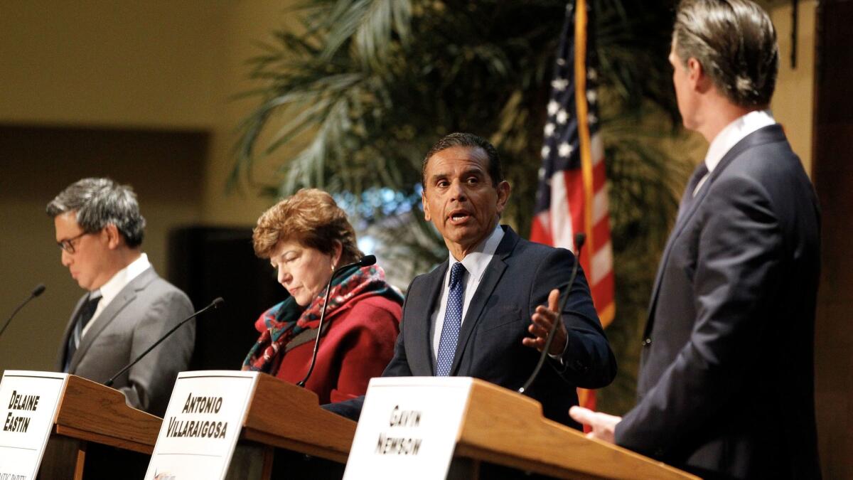 Democratic gubernatorial candidates Gavin Newsom, right, Antonio Villaraigosa, Delaine Eastin and John Chiang, left, debate Thursday in San Diego.