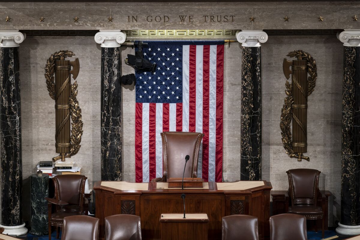 The speaker's dais in the House of Representatives is seen at the Capitol in Washington, Monday, Feb. 28, 2022.