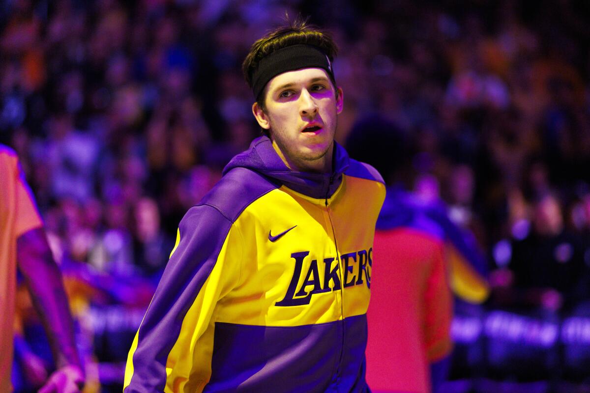 Lakers guard Austin Reaves is introduced before the team plays the Houston Rockets on March 31 at Crypto.com Arena.