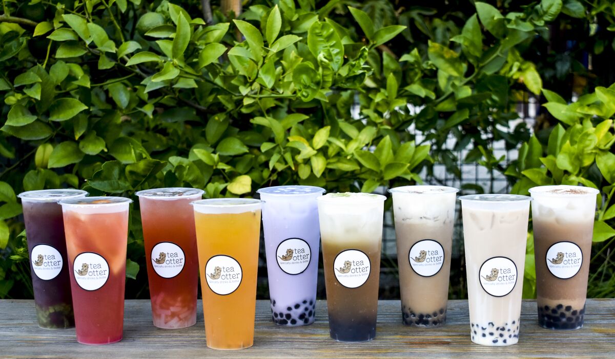 A colorful lineup of boba teas and iced teas at the Garden Grove food hall SteelCraft shop Tea Otter.