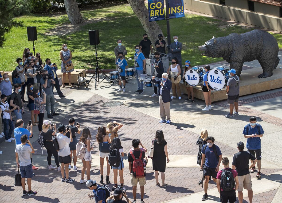 Students gather at a UCLA plaza.