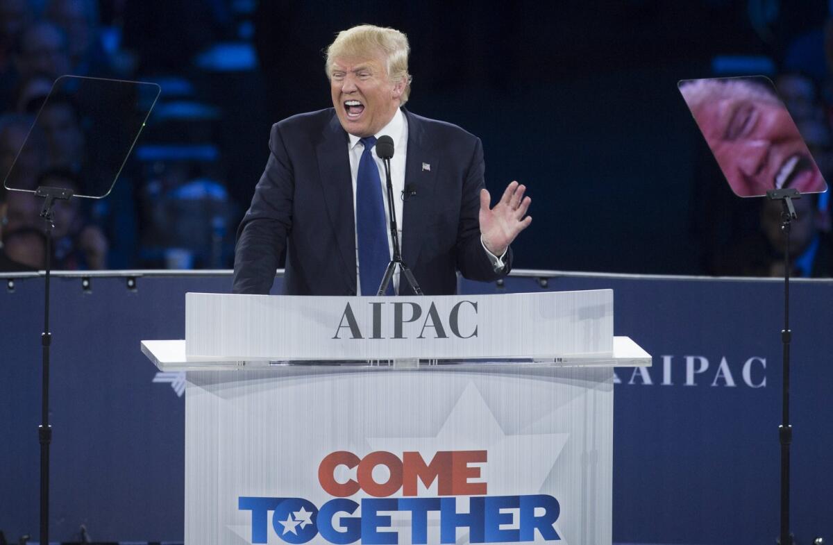 Republican presidential candidate Donald Trump delivers remarks at the American Israel Political Action Committee (AIPAC) Policy Conference in Washington, D.C. on Monday.