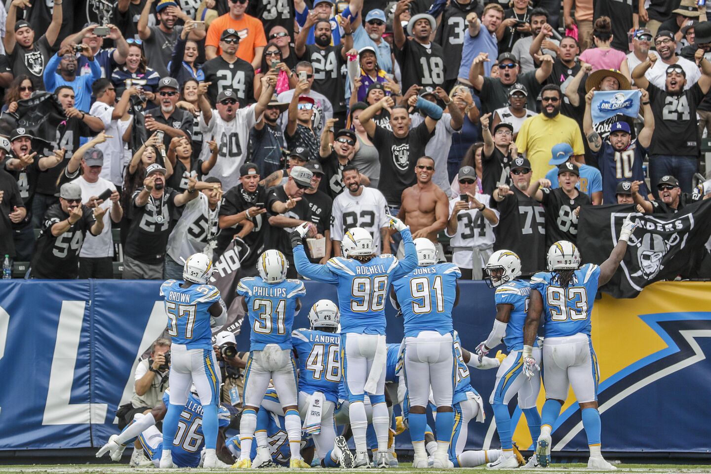 The Chargers defensive unit faces off against a section full of Raiders fans after linebacker Melvin Ingram intercepted a Derek Carr pass in the end zone, stopping a third quarter drive.