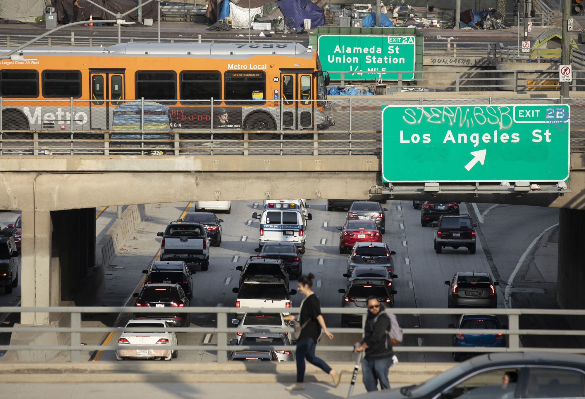 Afternoon traffic crawls along the 101 Freeway through downtown Los Angeles on June 16.