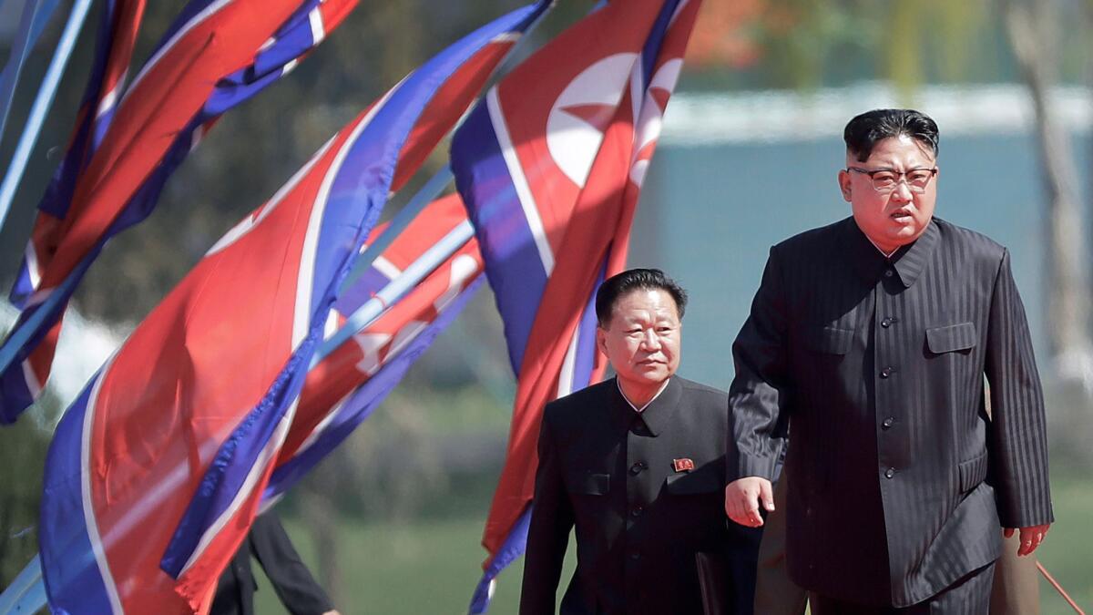 North Korean leader Kim Jong Un, right, and Choe Ryong Hae, vice-chairman of the central committee of the Workers' Party, in Pyongyang, North Korea on April 13, 2017.