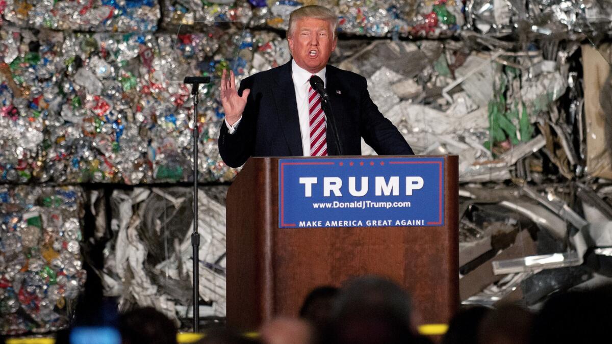 Donald Trump speaks at a campaign event last week at Alumisource, a metals processor outside Pittsburgh.