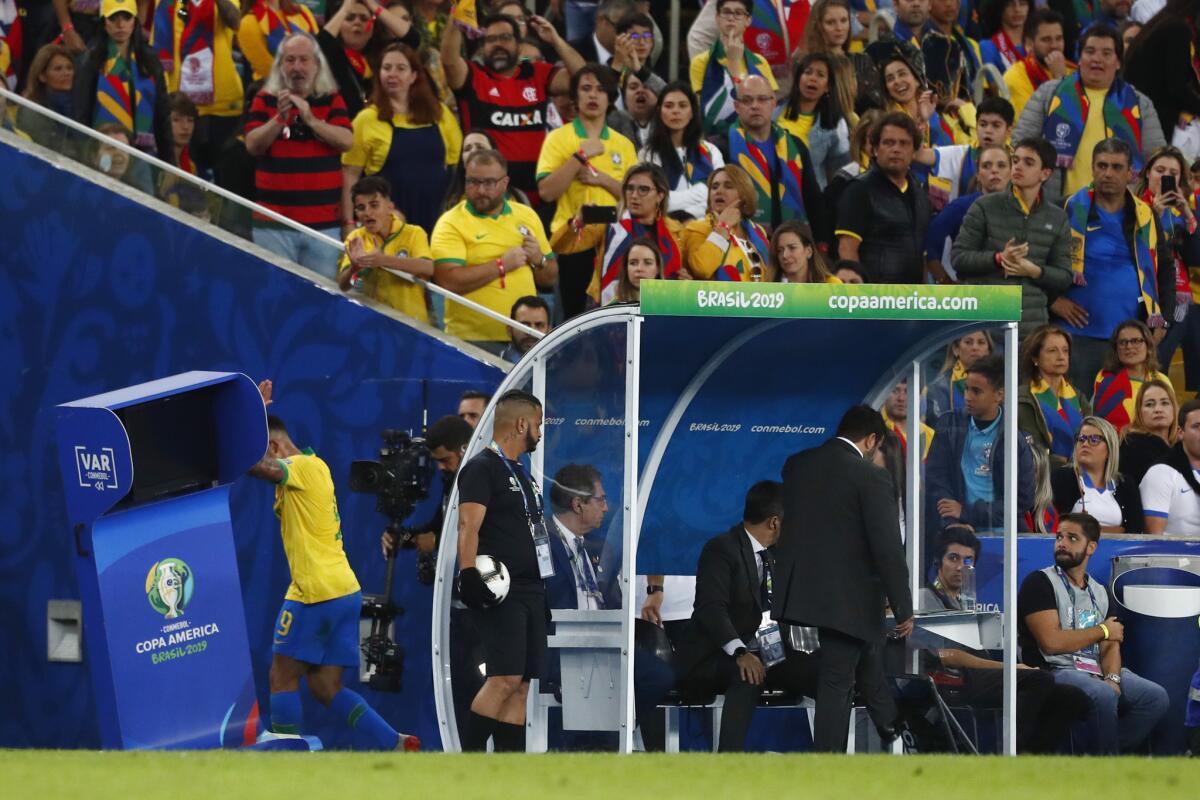 Gabriel Jesus of Brazil reacts after receiving a a red card during the Copa America Brazil 2019 Final match between Brazil and Peru at Maracana Stadium on July 07, 2019 in Rio de Janeiro, Brazil.