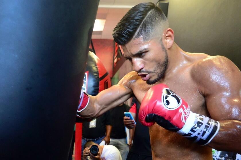 Mexican Boxer Abner Mares works out for the media on August 18, 2015 in Bell Gardens, California. Mares is training ahead of his August 29 "Battle of Los Angeles" fight vs. against compatriot, current WBC Super Bantamweight Champion Leo Santa Cruz. The pair will battle it out for WBC Diamond featherweight belt on August 29 at the Staples Center in Los Angeles, California. AFP PHOTO /FREDERIC J. BROWNFREDERIC J. BROWN/AFP/Getty Images ** OUTS - ELSENT, FPG - OUTS * NM, PH, VA if sourced by CT, LA or MoD **