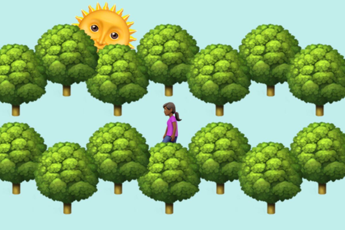 Illustration of green shade trees with a girl and the sun peeking through.
