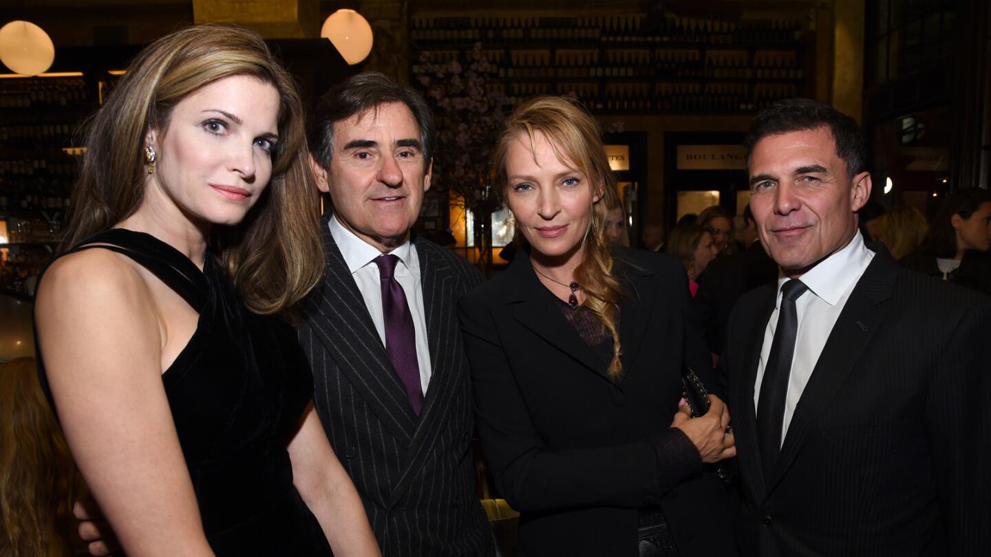 Model and actress Stephanie Seymour, left, with her husband, producer Peter M. Brant, actress Uma Thurman and hotelier Andre Balazs attend the 2015 Tribeca Film Festival Chanel Artists Dinner at Balthazar on April 20 in New York City.