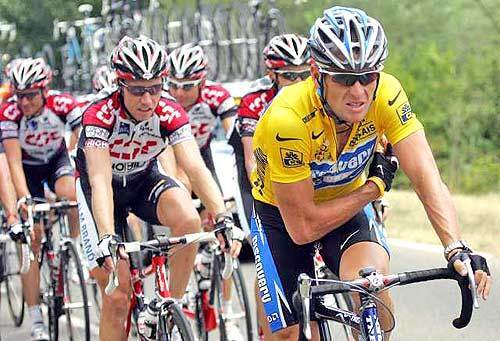 Lance Armstrong rides ahead of Danish CSC team during the 13th stage of the Tour de France.