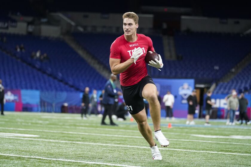 Clemson tight end Davis Allen runs a drill at the NFL football scouting combine in Indianapolis, Saturday, March 4, 2023. (AP Photo/Michael Conroy)