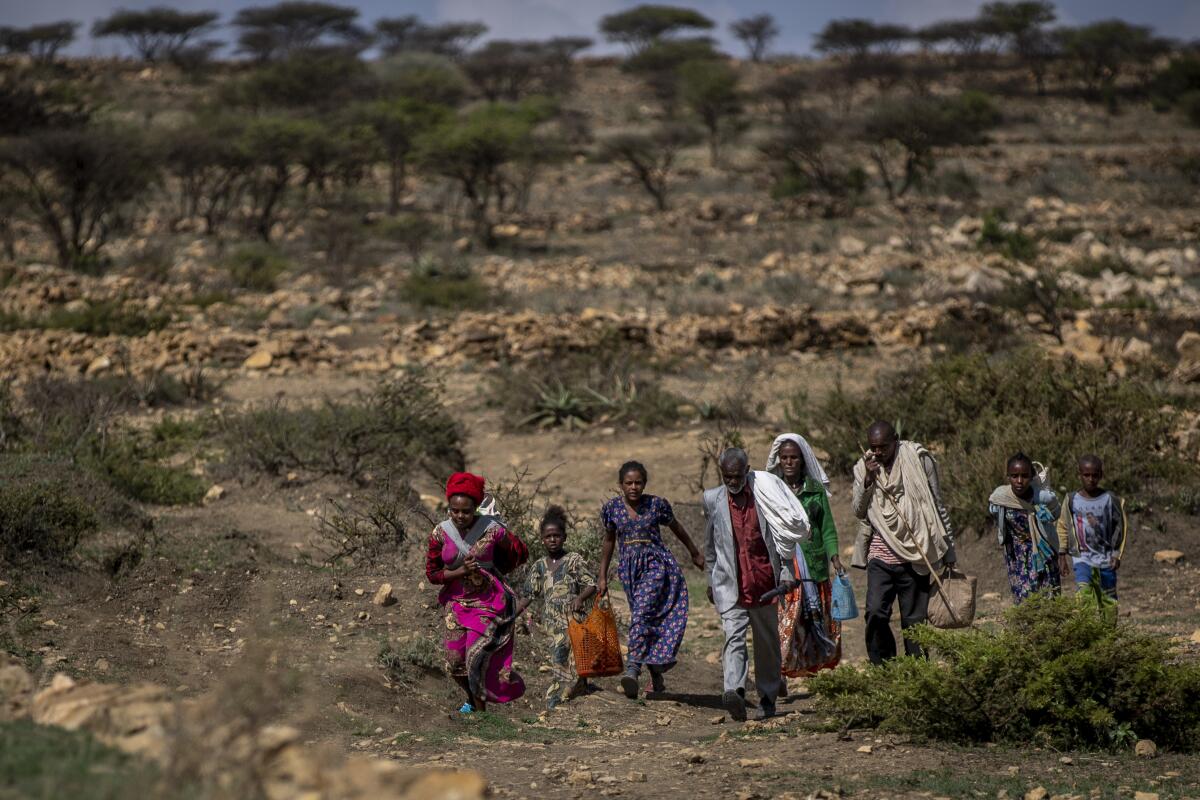 People walk from a rural area toward a nearby town where a food distribution was taking place