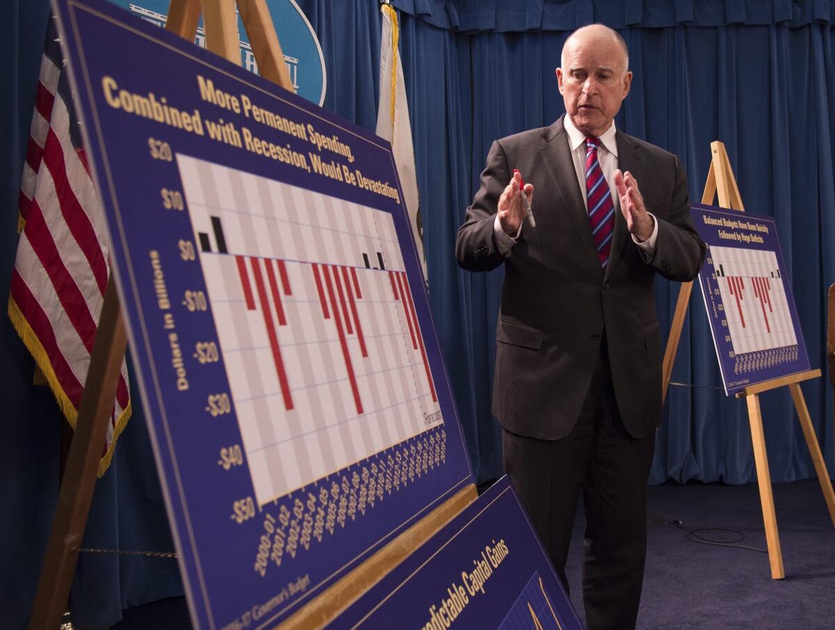Gov. Jerry Brown, shown unveiling his 2016 state budget, successfully lobbied lawmakers that year to place an extra $2 billion into California's rainy-day fund.