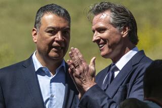 AGOURA HILLS, CA-APRIL 22, 2022: U.S. Senator Alex Padilla, left, and Governor Gavin Newsom attend the Wallis Annenberg Wildlife Crossing Groundbreaking Ceremony, held near the location of the future wildlife crossing in Agoura Hills. Spanning over ten lanes of the 101 freeway, when complete, the crossing will be the largest in the world, the first of its kind in California and a global model for urban wildlife conservation. (Mel Melcon / Los Angeles Times)