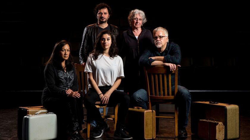 Cast members Kayla Blake, left, Onur Alpsen, Paulette Zubata, Jeanette Horn and director Tim Robbins of the New Colossus pose for a portrait at the The Actors' Gang.