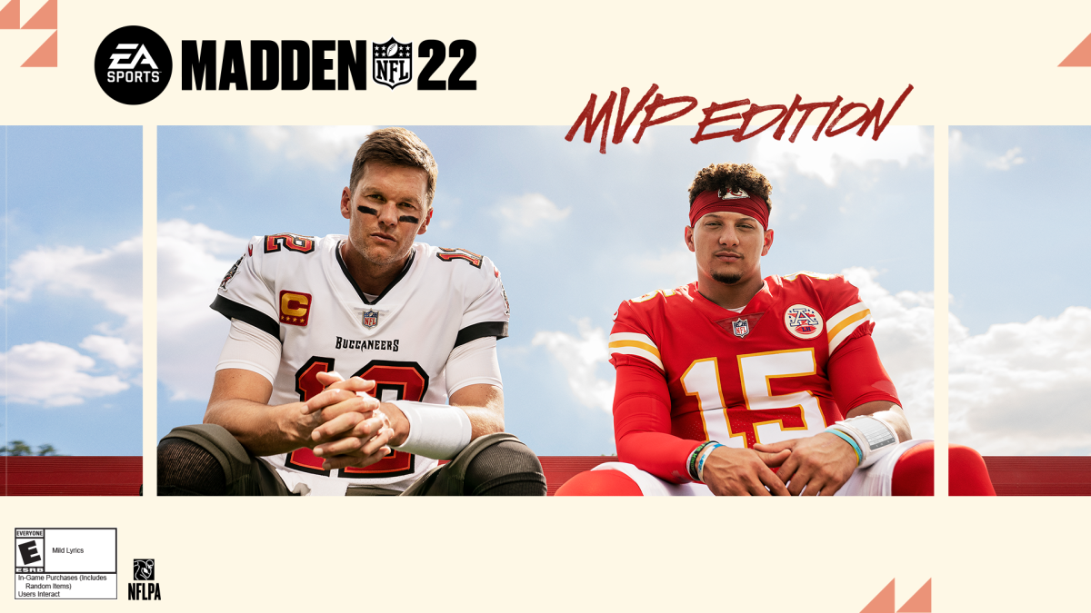 Tom Brady, left, and Patrick Mahomes appear on the cover of "Madden NFL 22."
