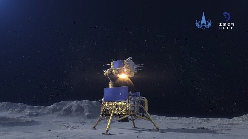 In this China National Space Administration (CNSA) photo released by Xinhua News Agency, a simulated image of the ascender of Chang'e-5 spacecraft blasting off from the lunar surface at the Beijing Aerospace Control Center (BACC) in Beijing on Dec. 3, 2020. The Chinese lunar probe lifted off from the moon Thursday night with a cargo of lunar samples on the first stage of its return to Earth, state media reported. (China National Space Administration/Xinhua via AP)