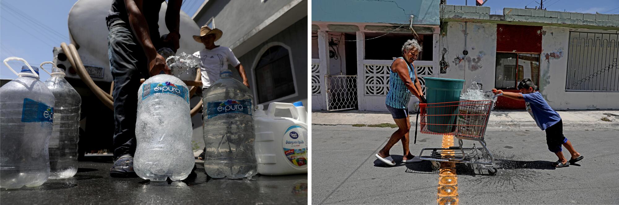 In a photo, residents fill bottles with water. In another photo, a woman and her grandson push a cart filled with water. 