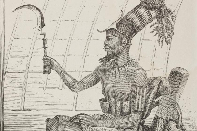 A 19th century engraving shows an African king of the Mangbetu ethnicity seated in a regal pose while wielding a scythe