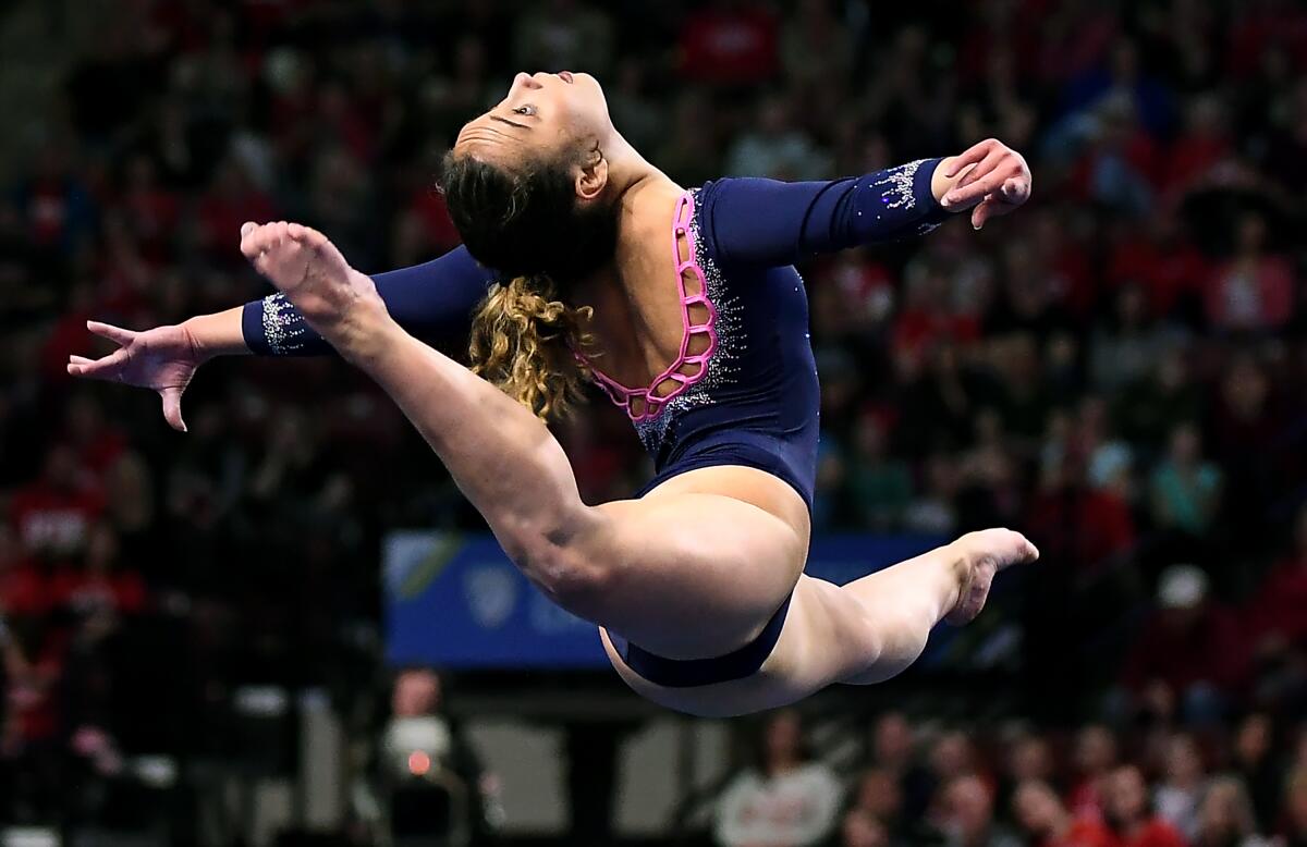 Katelyn Ohashi performs on the floor exercise during the PAC-12 Gynmastics Chamionship in Salt Lake City,