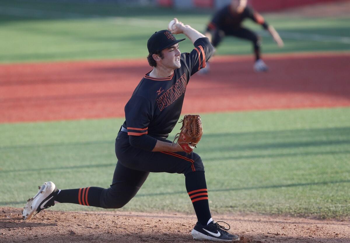 Huntington Beach High starter Josh Hahn pitches against La Mirada during the first inning of a Boras Classic South tournament opener at Mater Dei High on Tuesday.