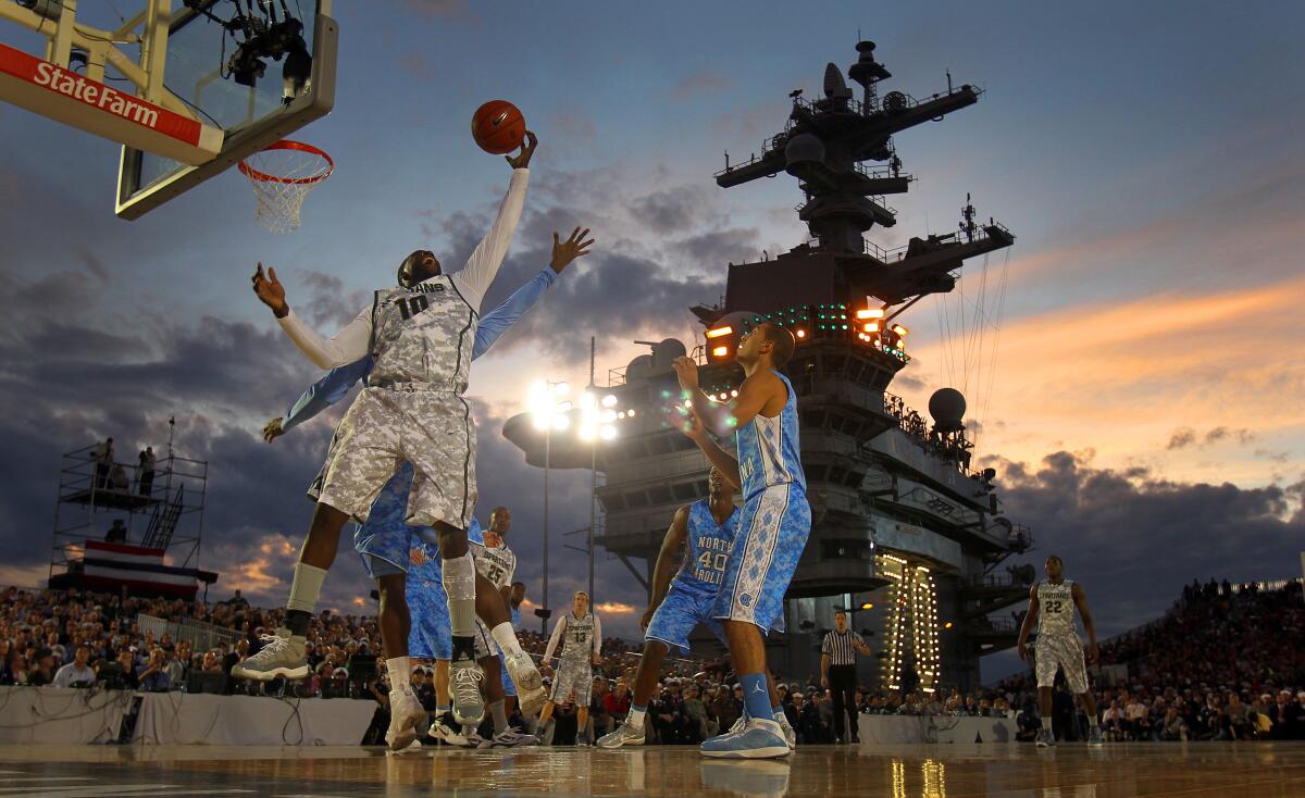 Michigan State faced North Carolina during first college basketball game on an aircraft carrier, Nov. 11, 2011, in San Diego.