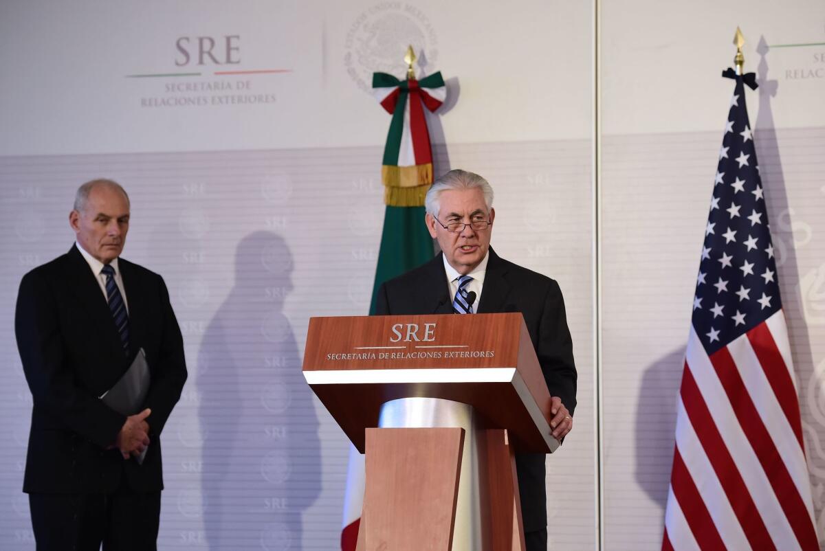 Homeland Security Secretary John F. Kelly, left, and Secretary of State Rex Tillerson in Mexico City on Thursday.