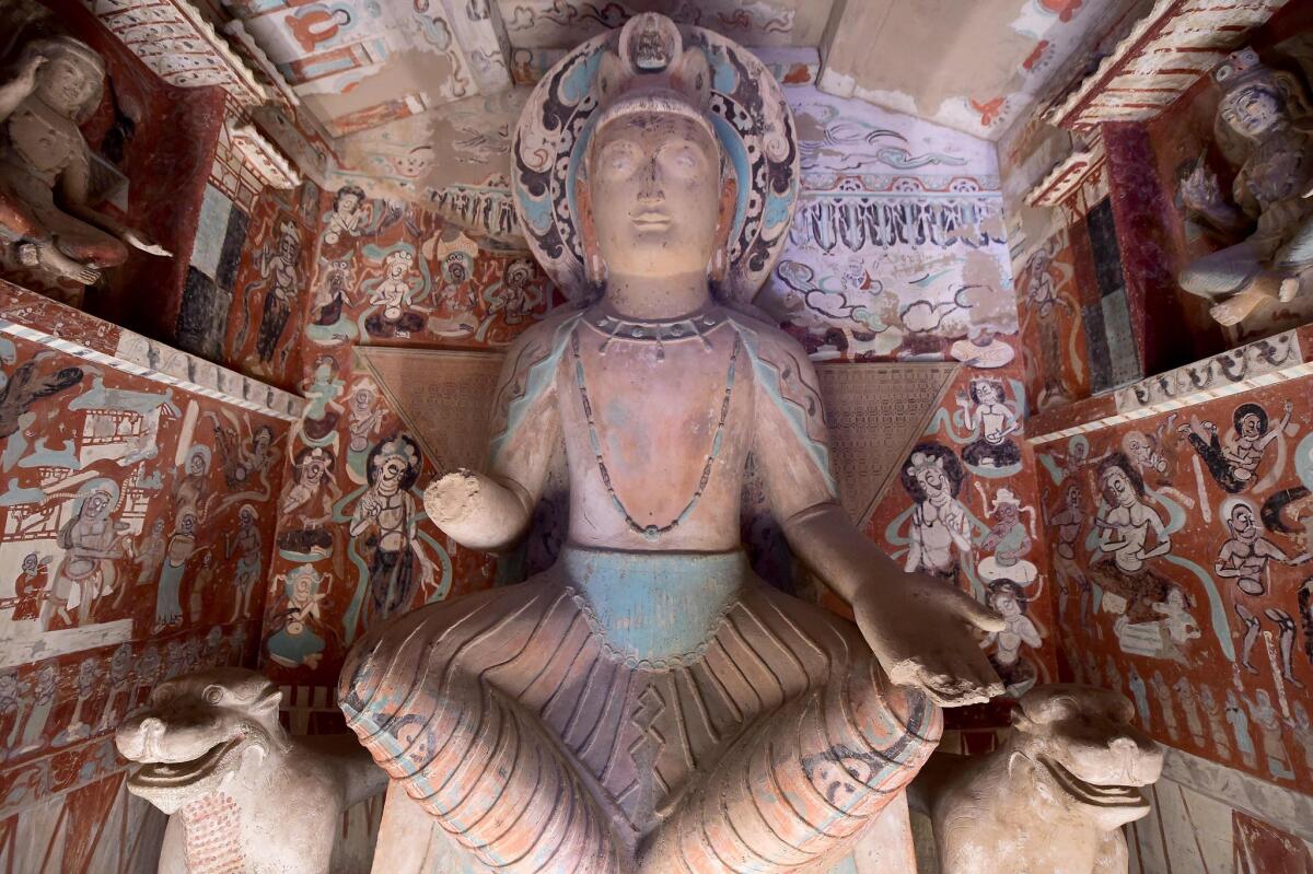 The bodhisattva Maitreya in the Getty's "Cave Temples of Dunhuang" exhibition.