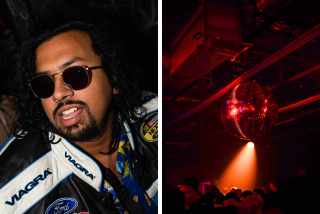 A diptych of two images, one a portrait of a man in a viagra jacket and the other of a disco ball.