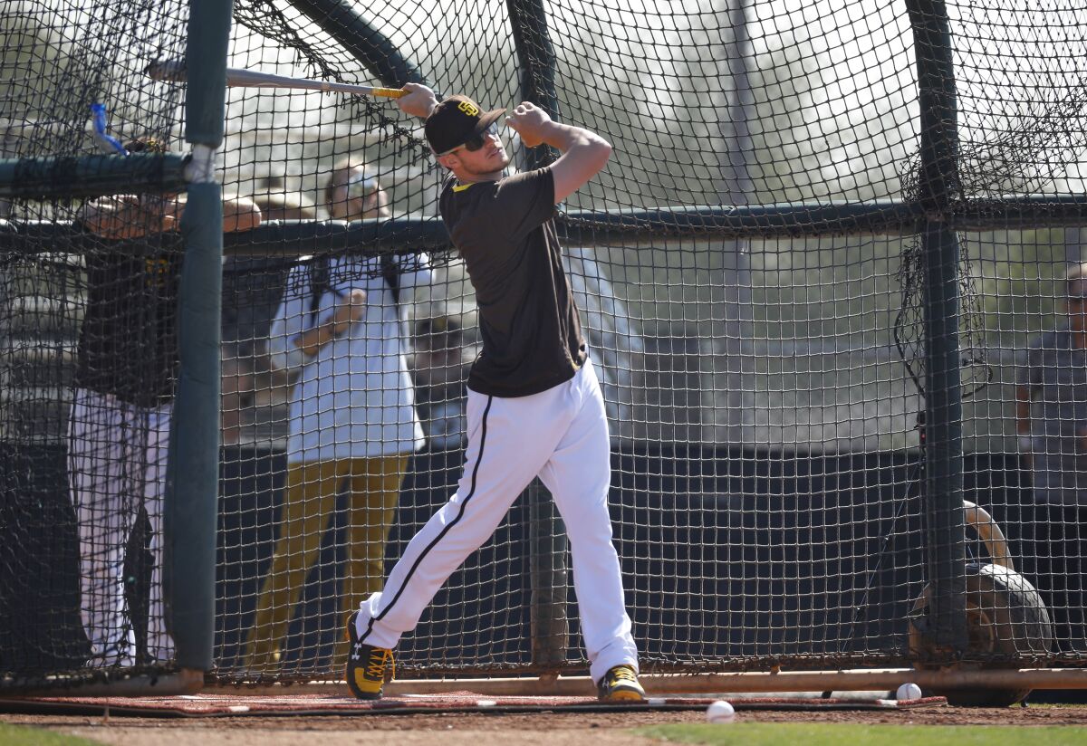 Wil Myers bats during a spring training workout on Tuesday.