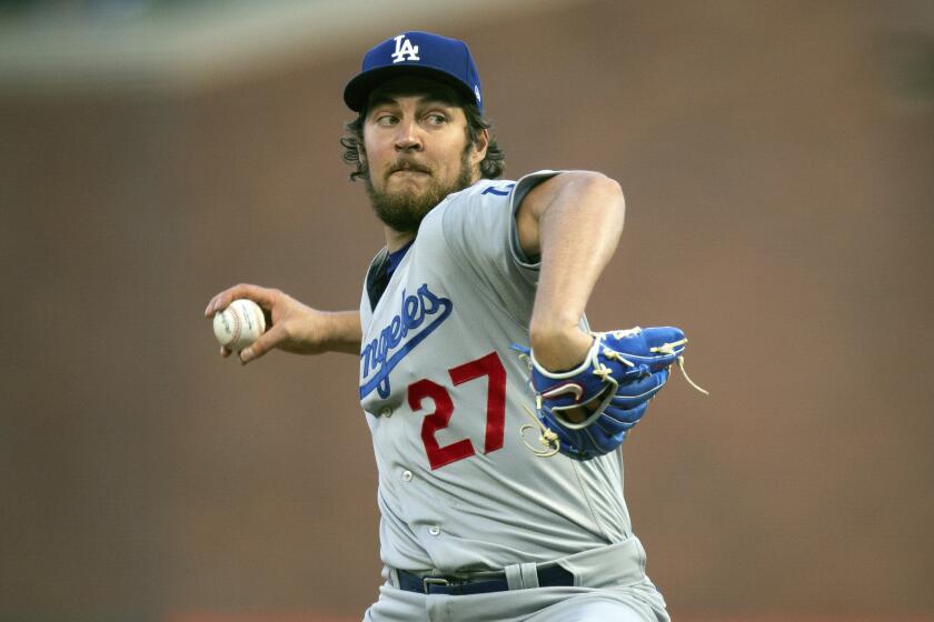Los Angeles Dodgers starting pitcher Trevor Bauer works against the San Francisco Giants.