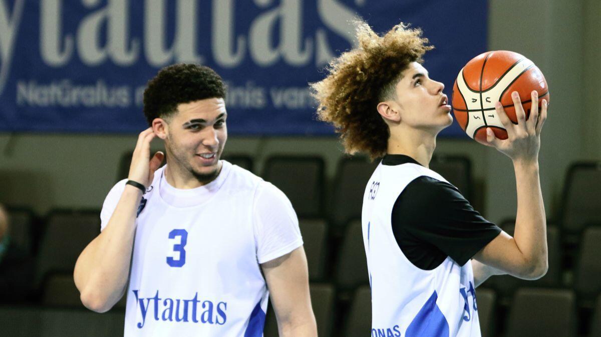 U.S. basketball players LiAngelo Ball, left, and LaMelo Ball takes part in their first training session in Prienai, Lithuania, where they will play for the Vytautas club on Friday.
