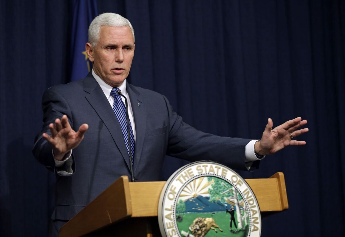 Indiana Gov. Mike Pence is seen during a March 26 news conference in Indianapolis.